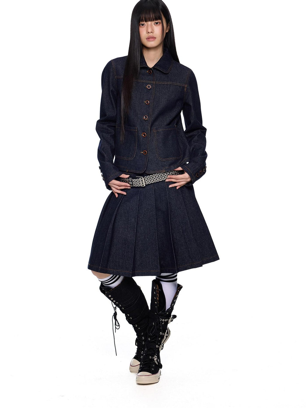 EZEK Vintage Doll Collar Washed Denim Pleated Aline Women's Matching Skirt Sets