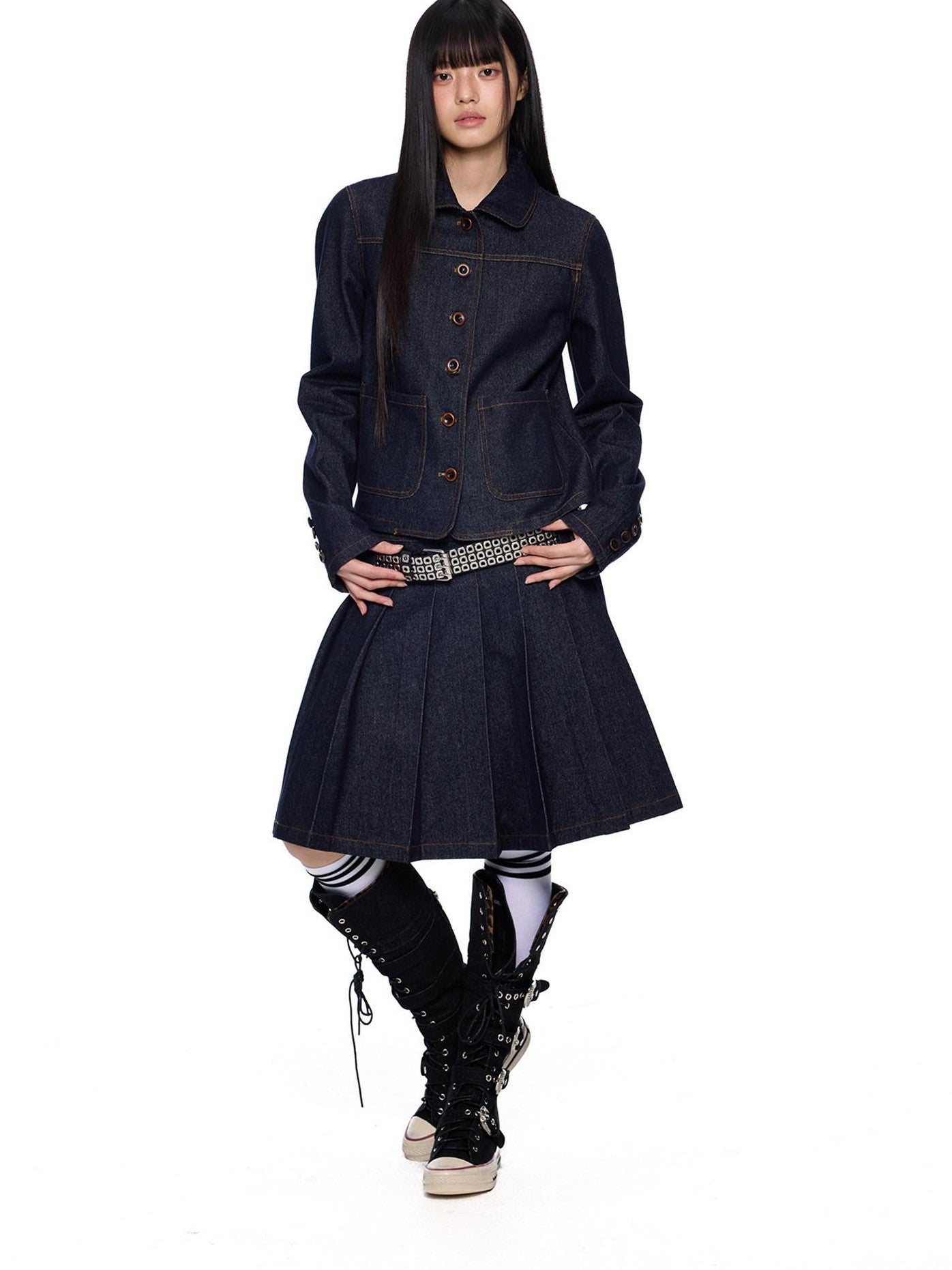 EZEK Vintage Doll Collar Washed Denim Pleated Aline Women's Matching Skirt Sets