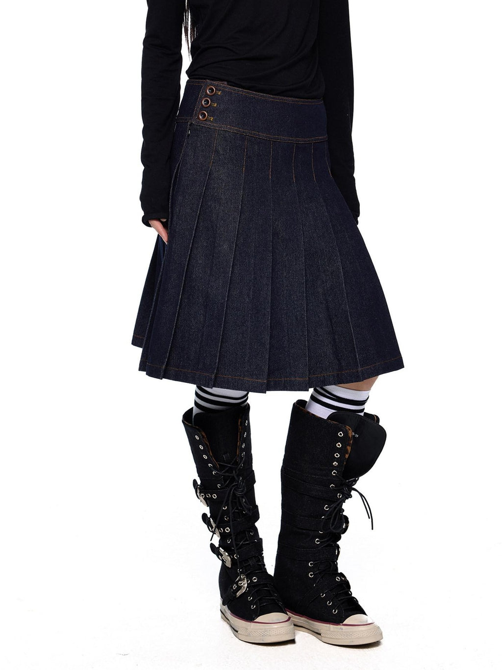 EZEK Vintage Doll Collar Washed Denim Pleated Aline Women's Matching Skirt Sets