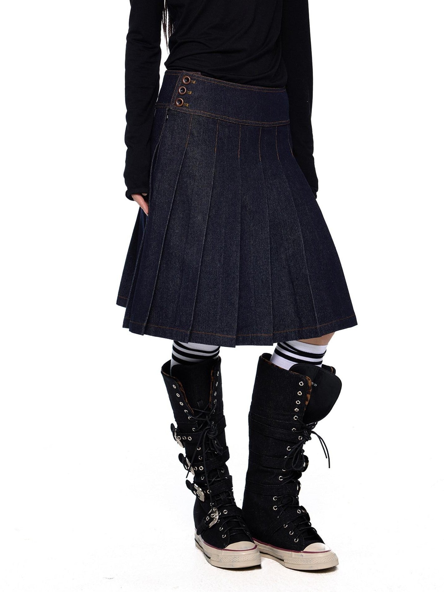 EZEK Vintage Doll Collar Washed Denim Pleated Aline Women's Matching Skirt Sets
