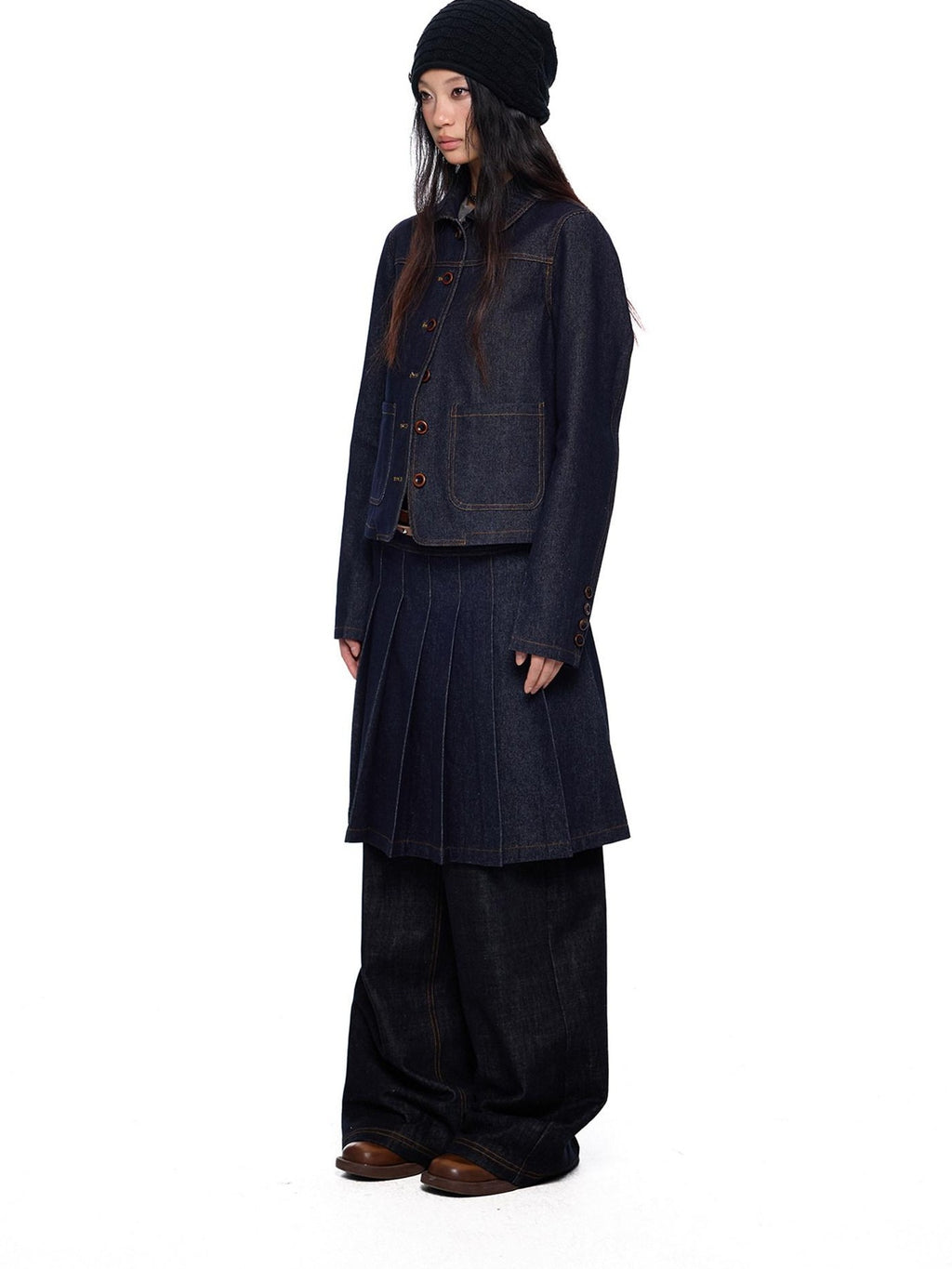 EZEK Vintage Doll Collar Washed Denim Pleated Aline Women's Matching Skirt Sets
