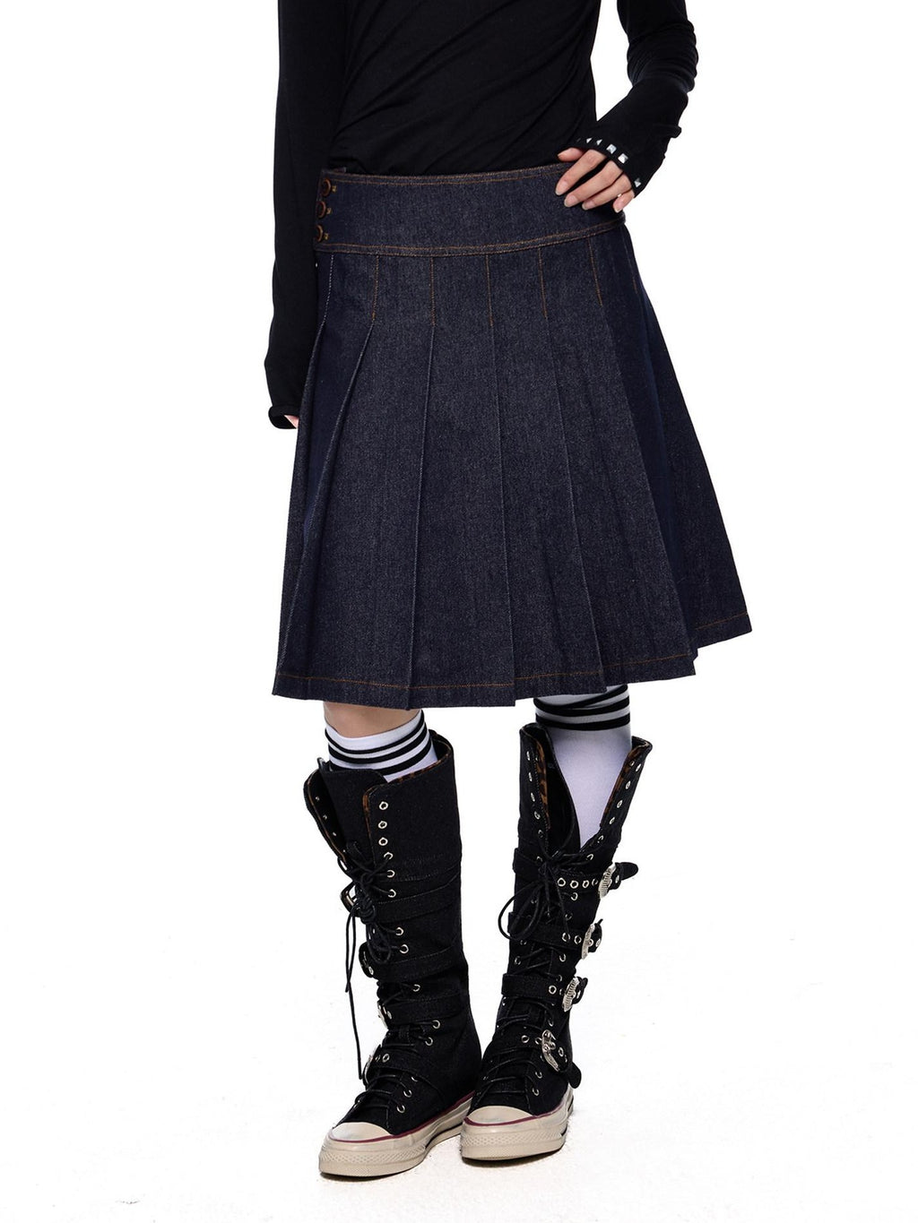EZEK Vintage Doll Collar Washed Denim Pleated Aline Women's Matching Skirt Sets