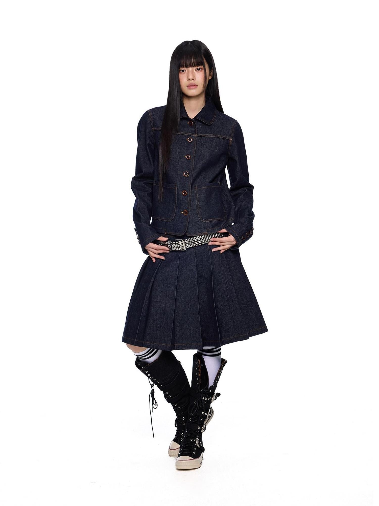 EZEK Vintage Doll Collar Washed Denim Pleated Aline Women's Matching Skirt Sets