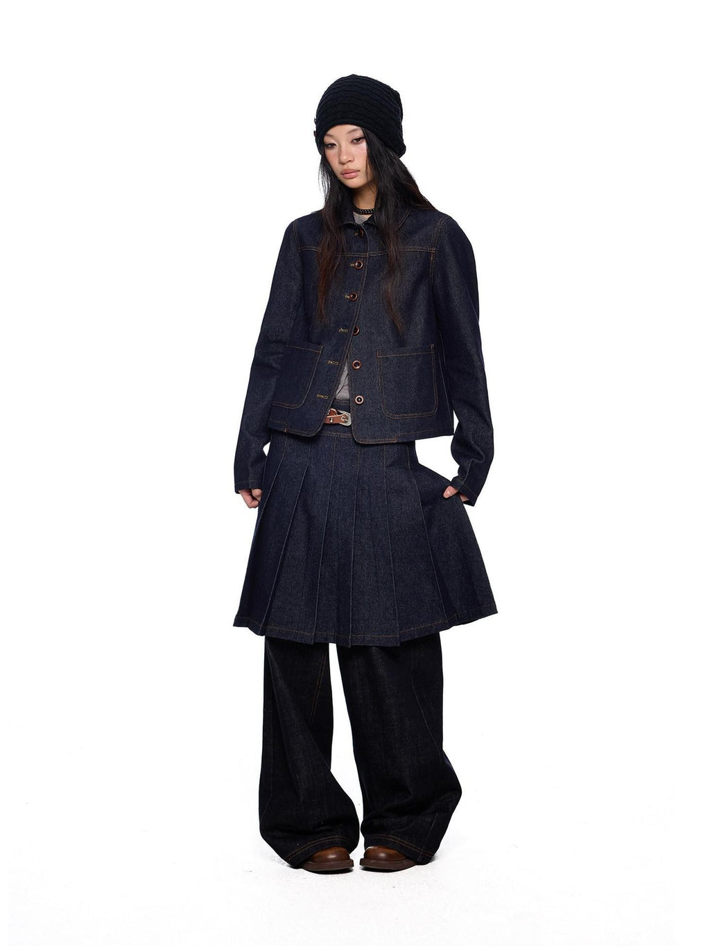 EZEK Vintage Doll Collar Washed Denim Pleated Aline Women's Matching Skirt Sets