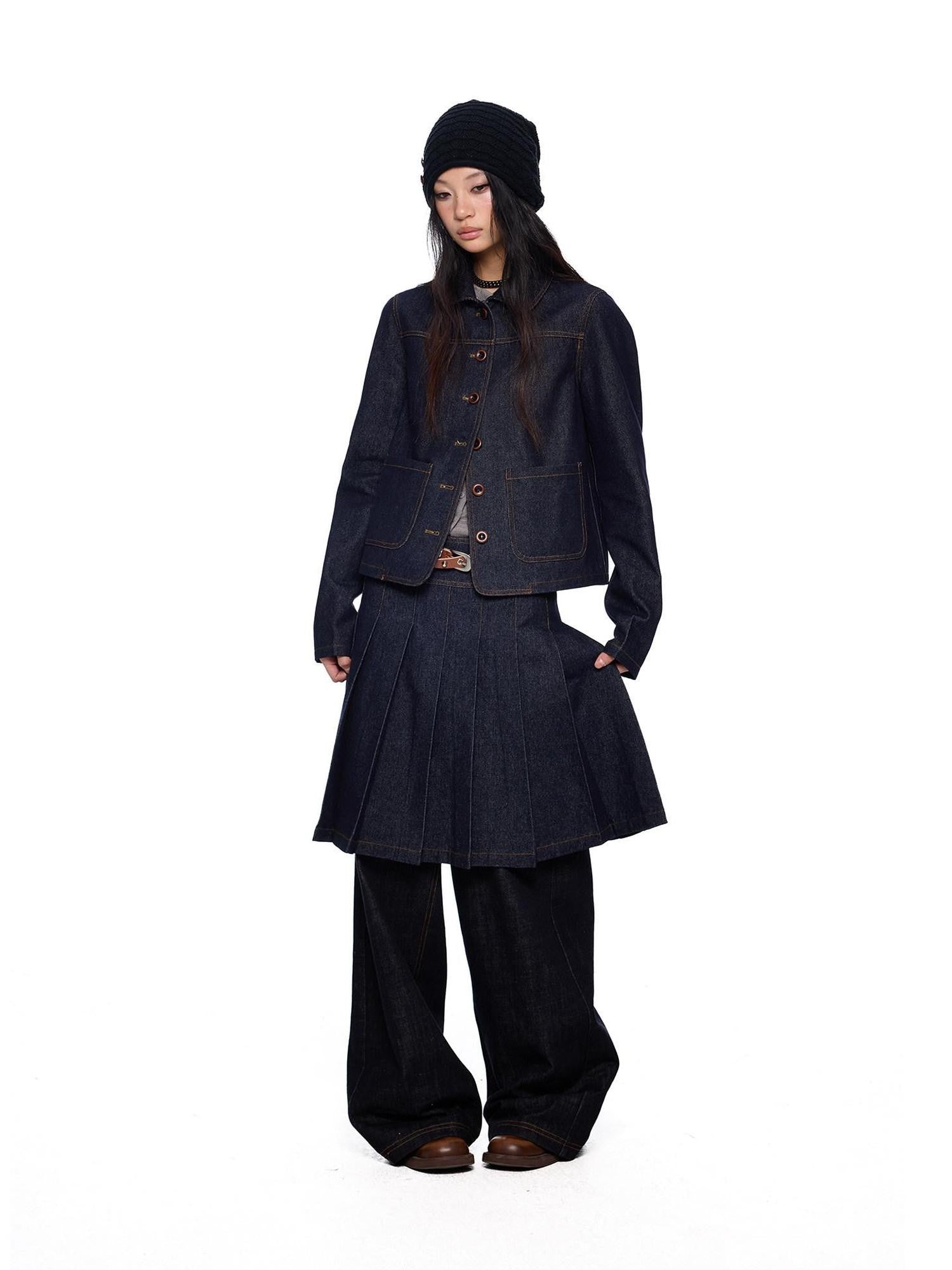 EZEK Vintage Doll Collar Washed Denim Pleated Aline Women's Matching Skirt Sets