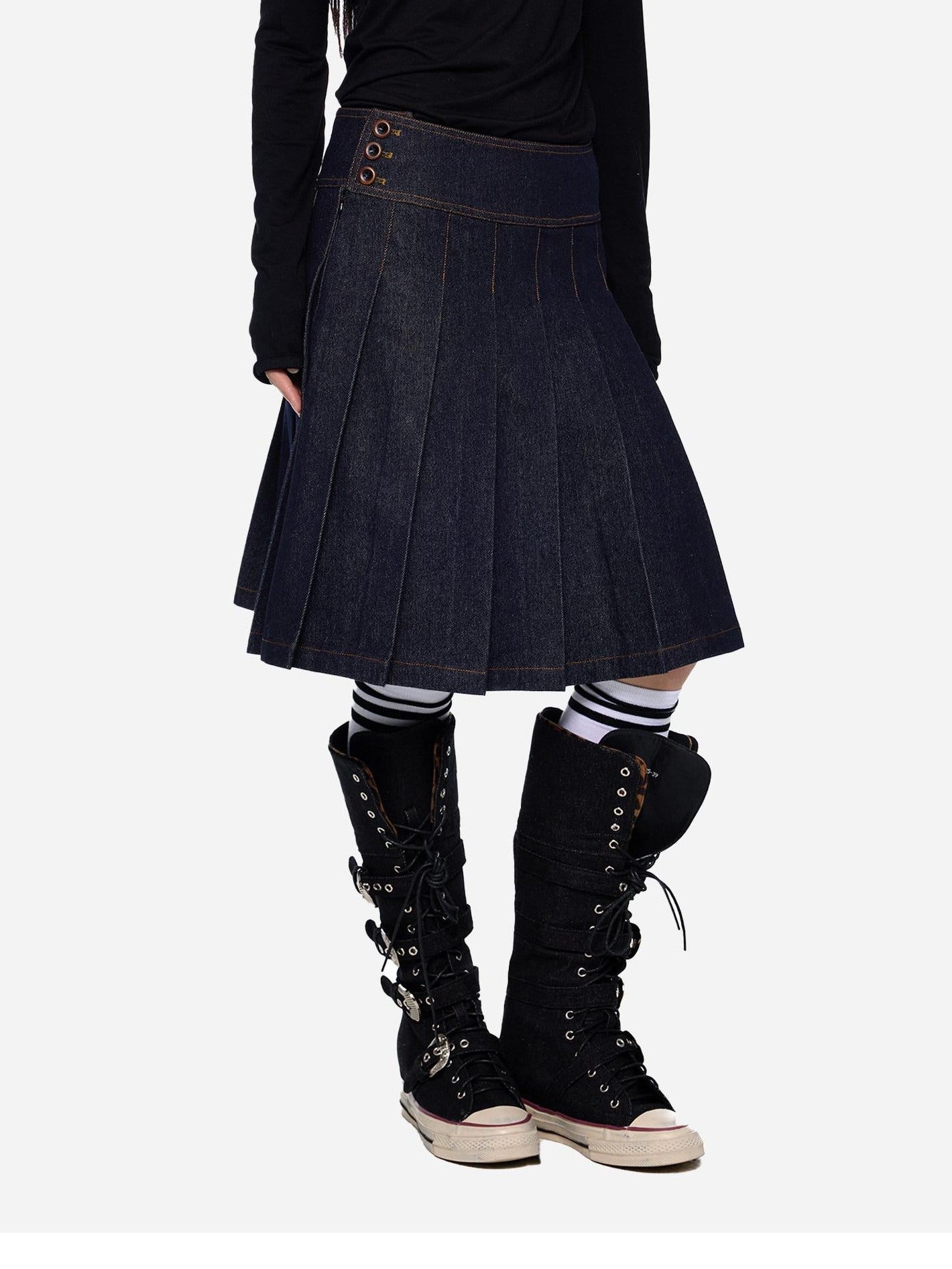 EZEK Vintage Doll Collar Washed Denim Pleated Aline Women's Matching Skirt Sets