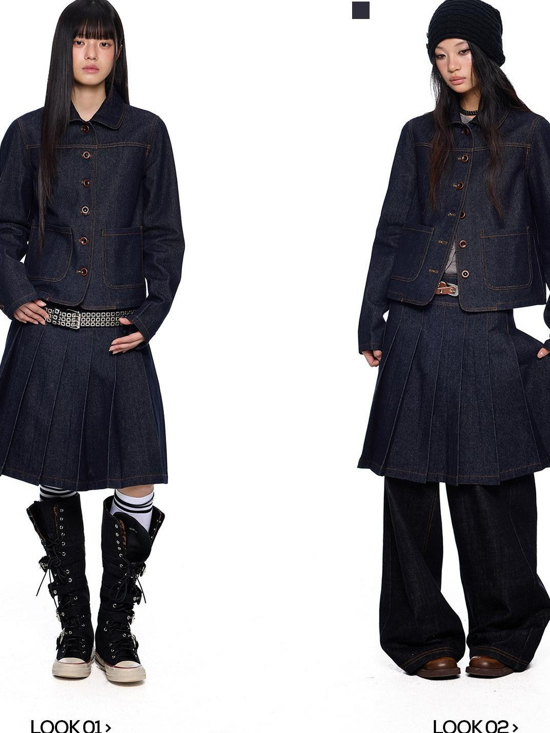 EZEK Vintage Doll Collar Washed Denim Pleated Aline Women's Matching Skirt Sets