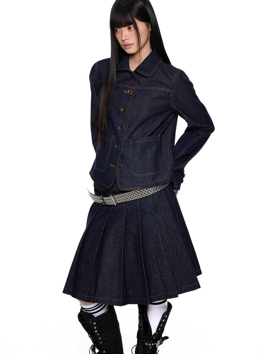 EZEK Vintage Doll Collar Washed Denim Pleated Aline Women's Matching Skirt Sets