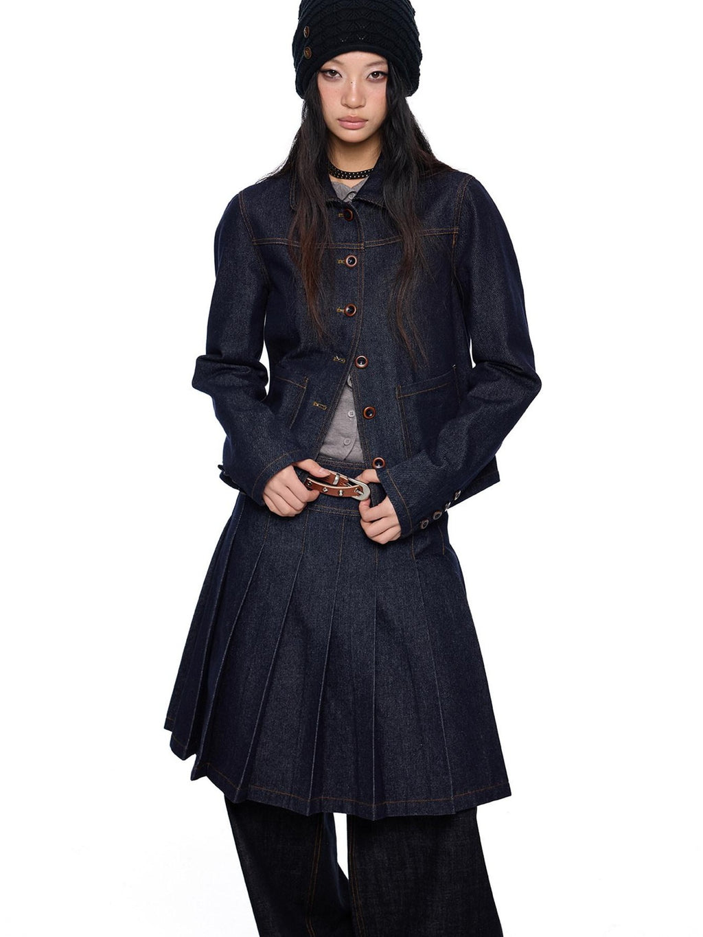 EZEK Vintage Doll Collar Washed Denim Pleated Aline Women's Matching Skirt Sets