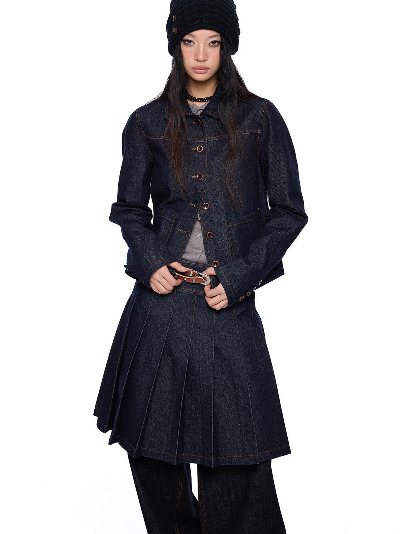 EZEK Vintage Doll Collar Washed Denim Pleated Aline Women's Matching Skirt Sets