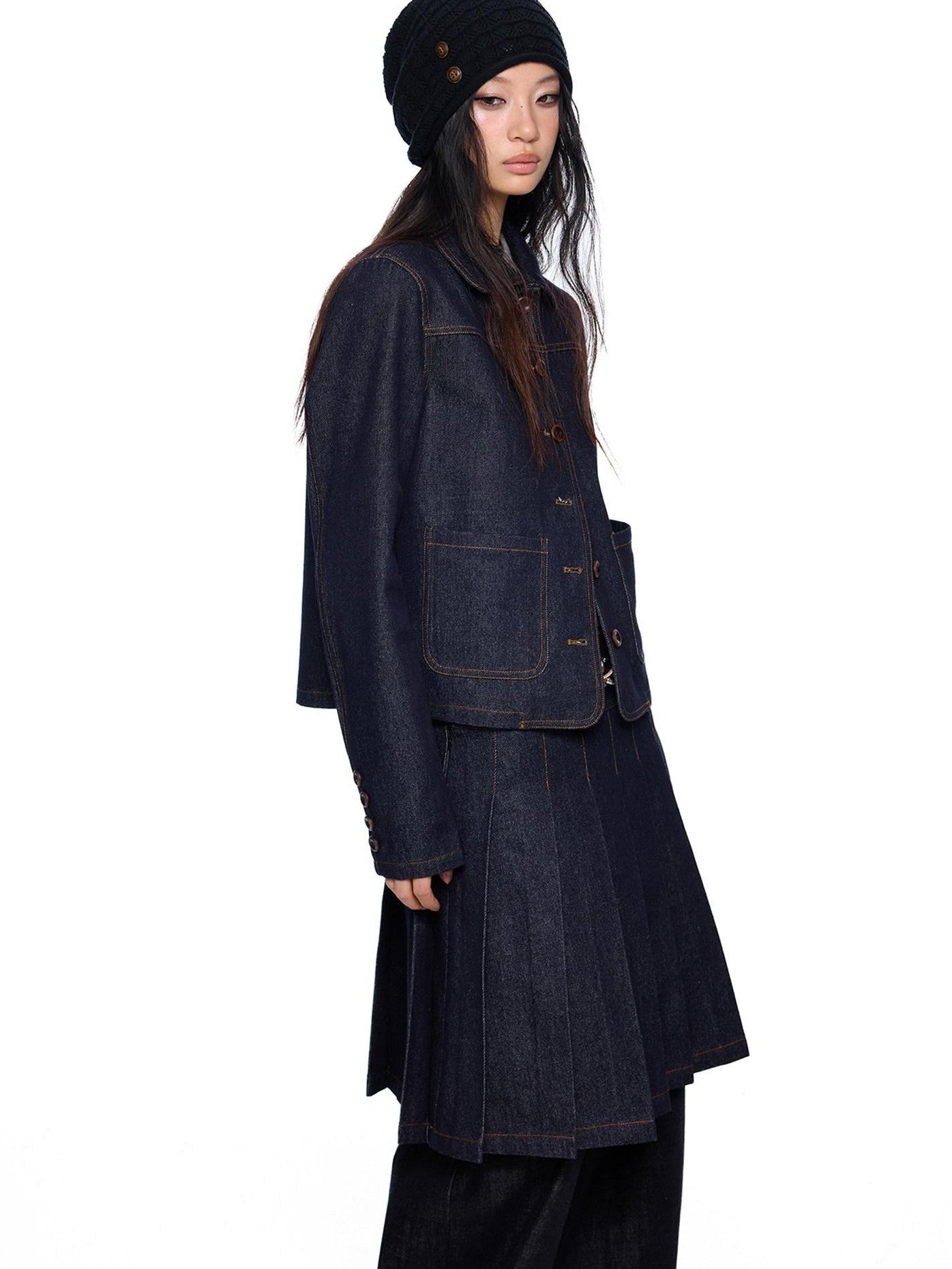 EZEK Vintage Doll Collar Washed Denim Pleated Aline Women's Matching Skirt Sets