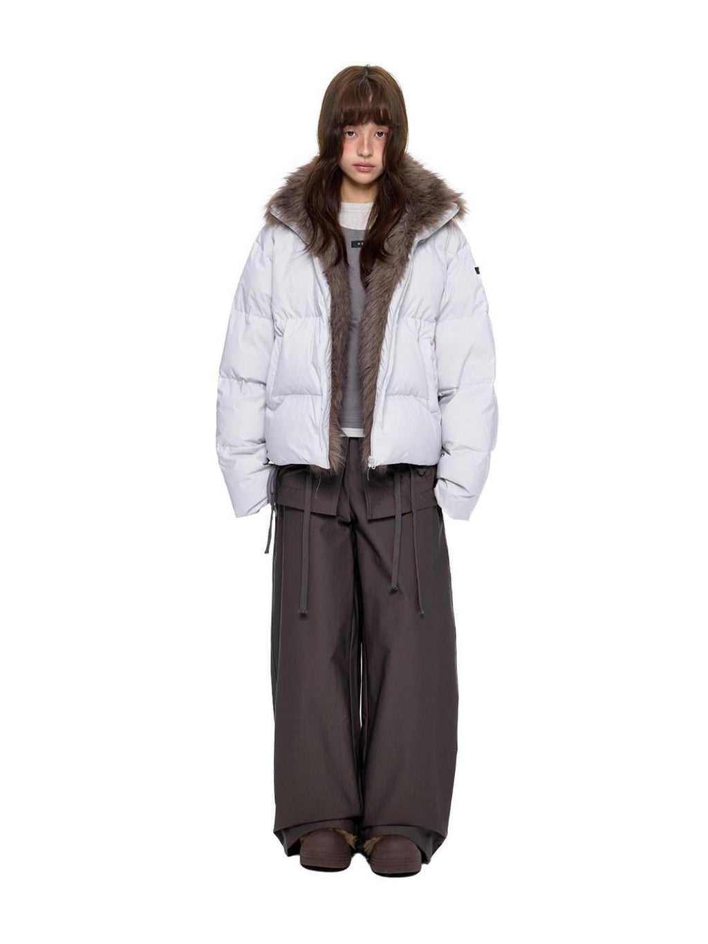 EZEK Vintage Fur Collar Zipper Pocket Stand Collar Women's 90 White Duck Down Jackets
