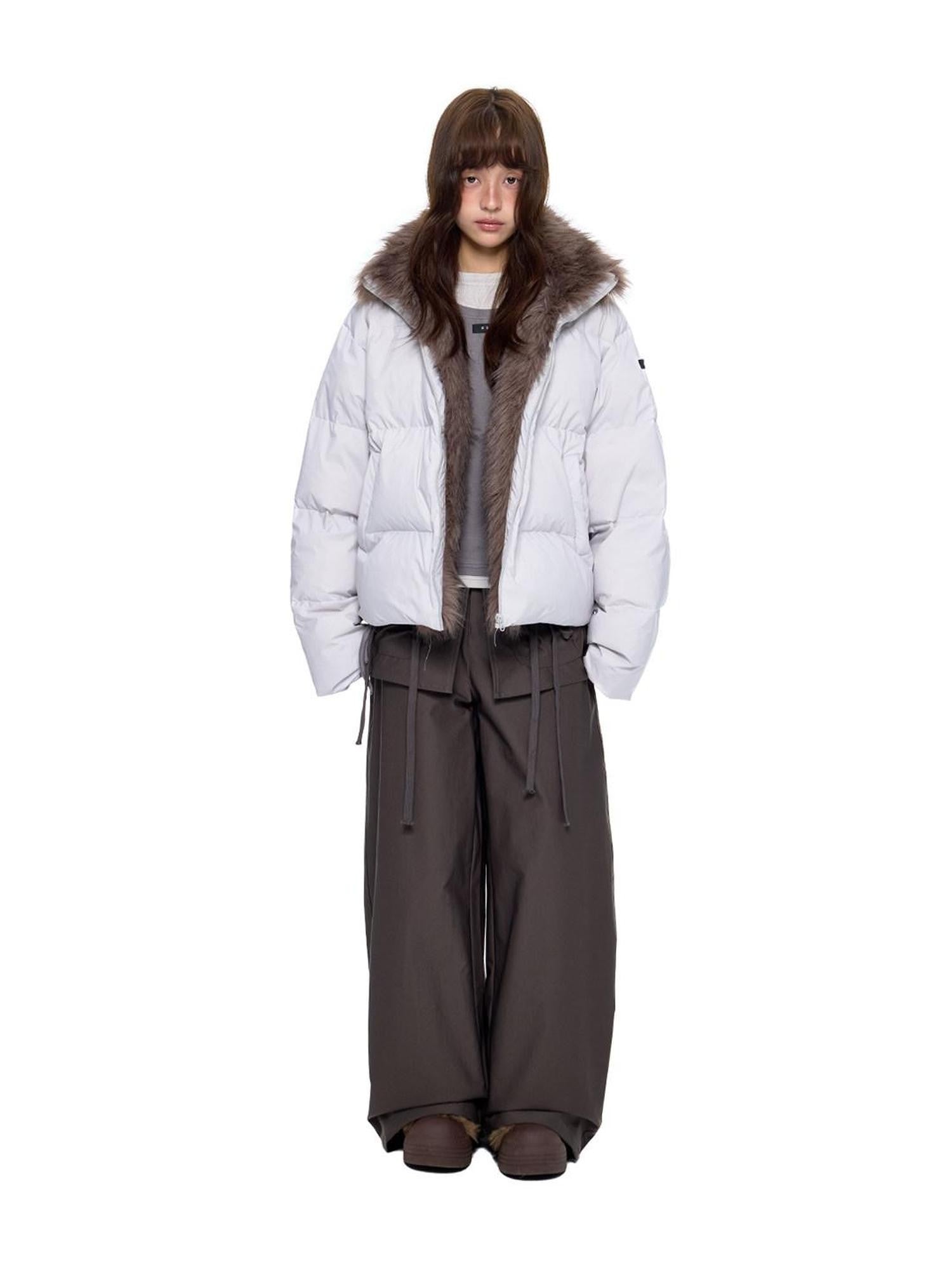 EZEK Vintage Fur Collar Zipper Pocket Stand Collar Women's 90 White Duck Down Jackets
