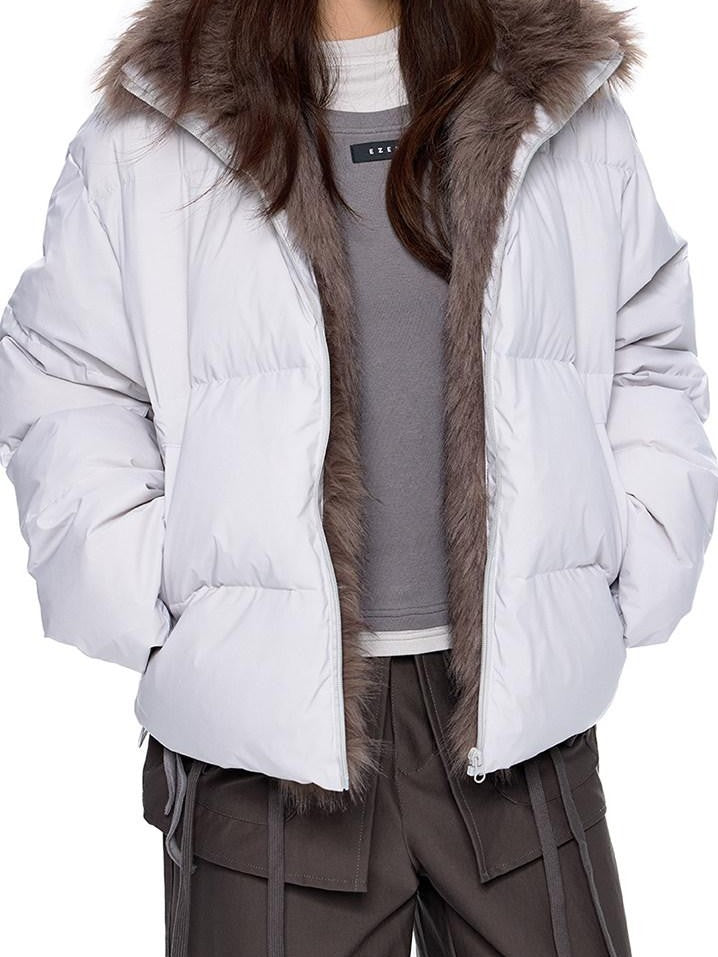 EZEK Vintage Fur Collar Zipper Pocket Stand Collar Women's 90 White Duck Down Jackets