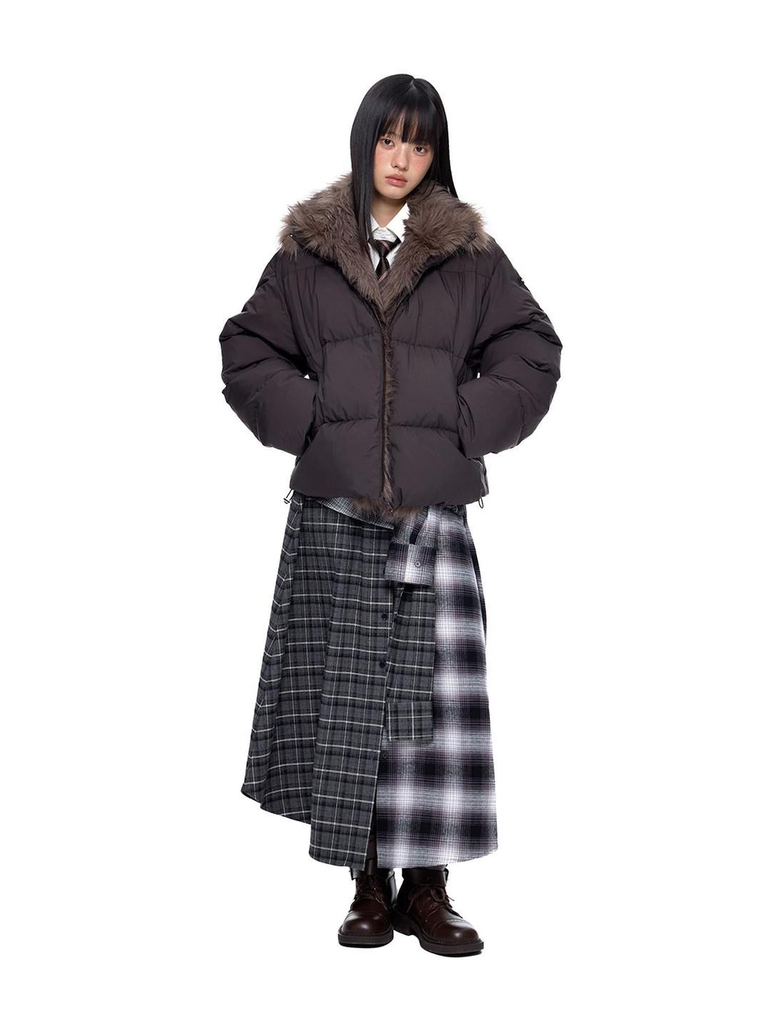 EZEK Vintage Fur Collar Zipper Pocket Stand Collar Women's 90 White Duck Down Jackets