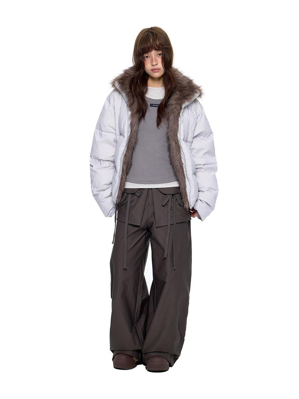 EZEK Vintage Fur Collar Zipper Pocket Stand Collar Women's 90 White Duck Down Jackets