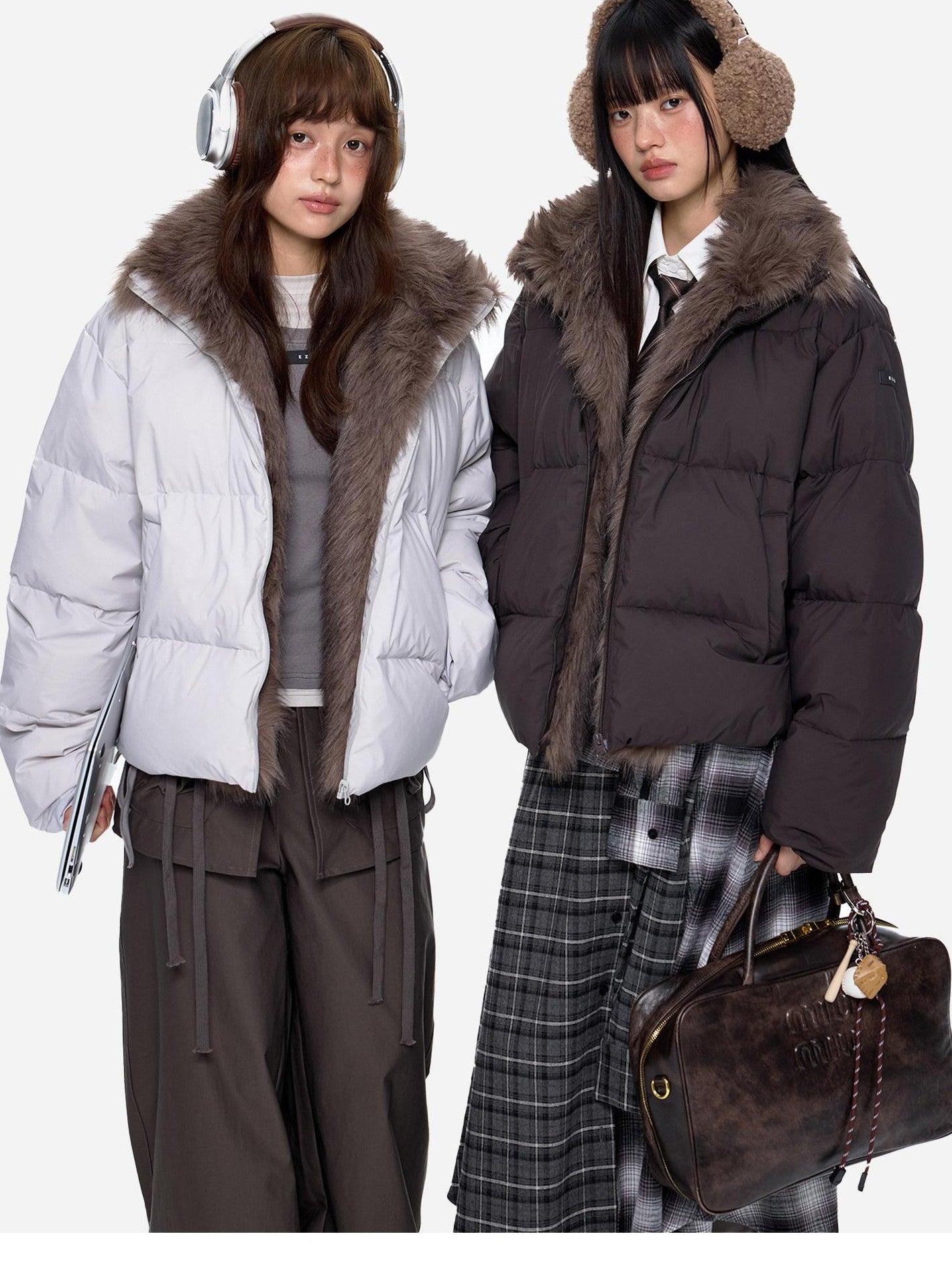EZEK Vintage Fur Collar Zipper Pocket Stand Collar Women's 90 White Duck Down Jackets
