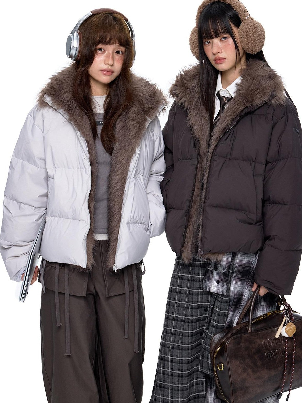EZEK Vintage Fur Collar Zipper Pocket Stand Collar Women's 90 White Duck Down Jackets