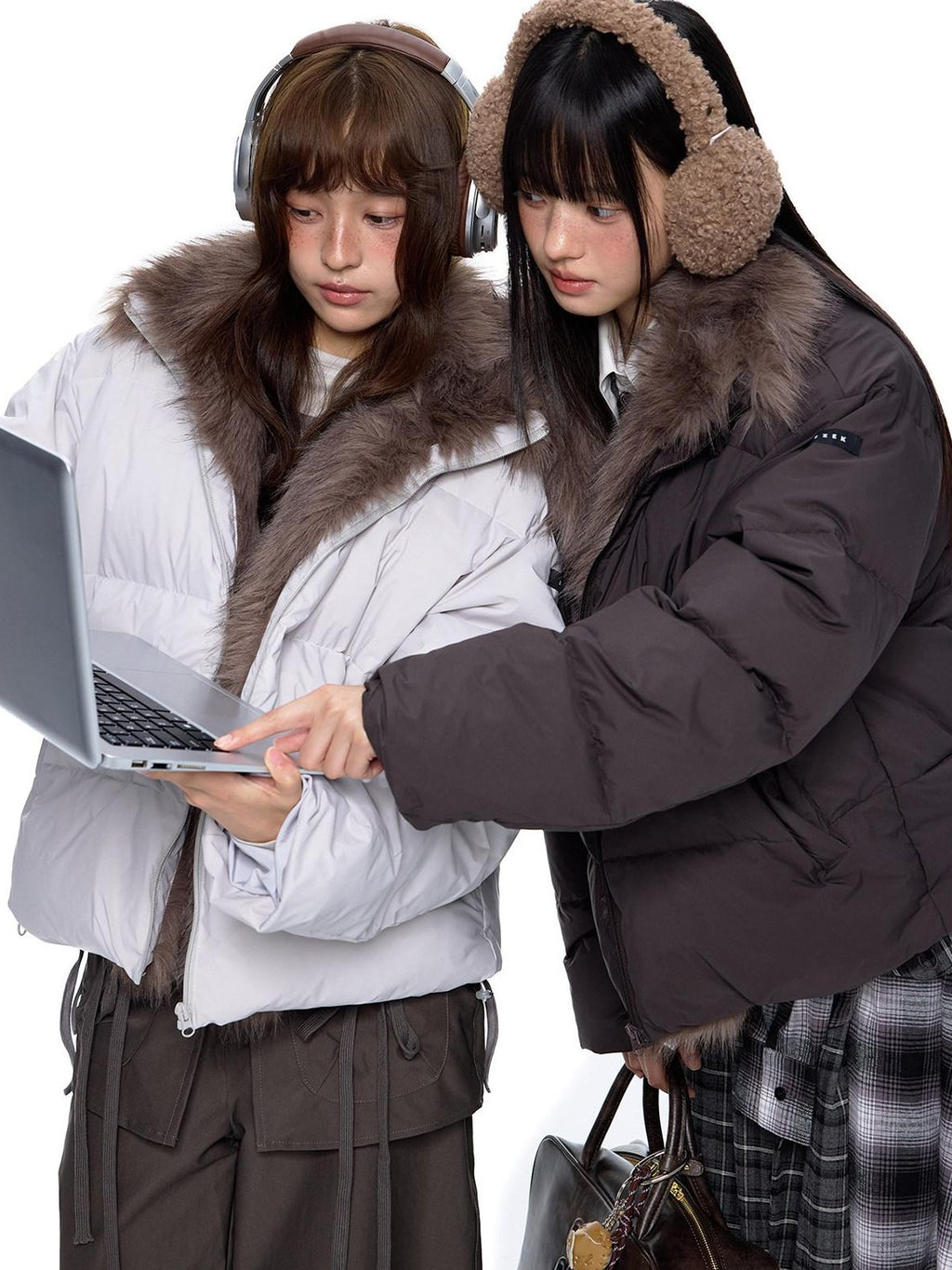 EZEK Vintage Fur Collar Zipper Pocket Stand Collar Women's 90 White Duck Down Jackets