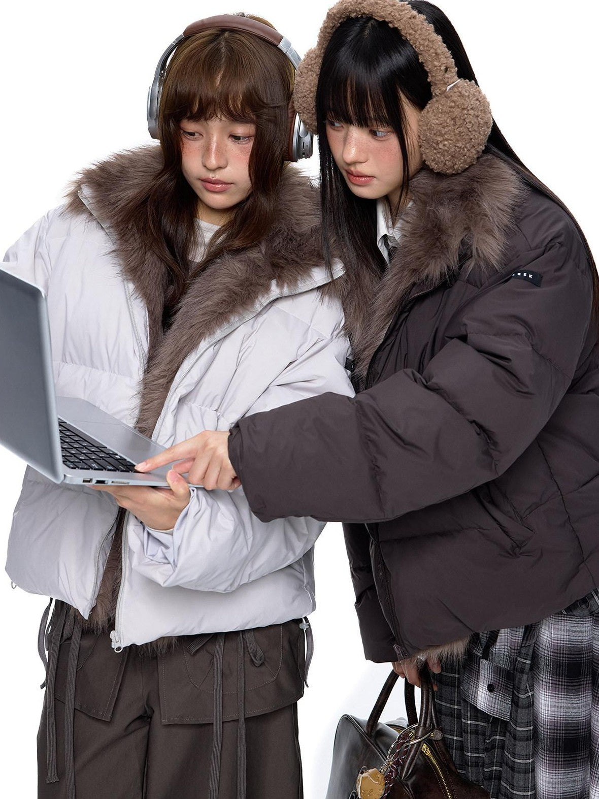 EZEK Vintage Fur Collar Zipper Pocket Stand Collar Women's 90 White Duck Down Jackets