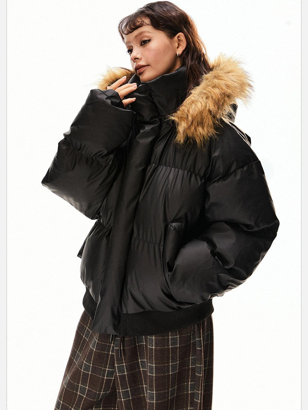 EZEK Vintage High Collar Fur Trim Hood Pockets Women's Polyester Puffer Jackets