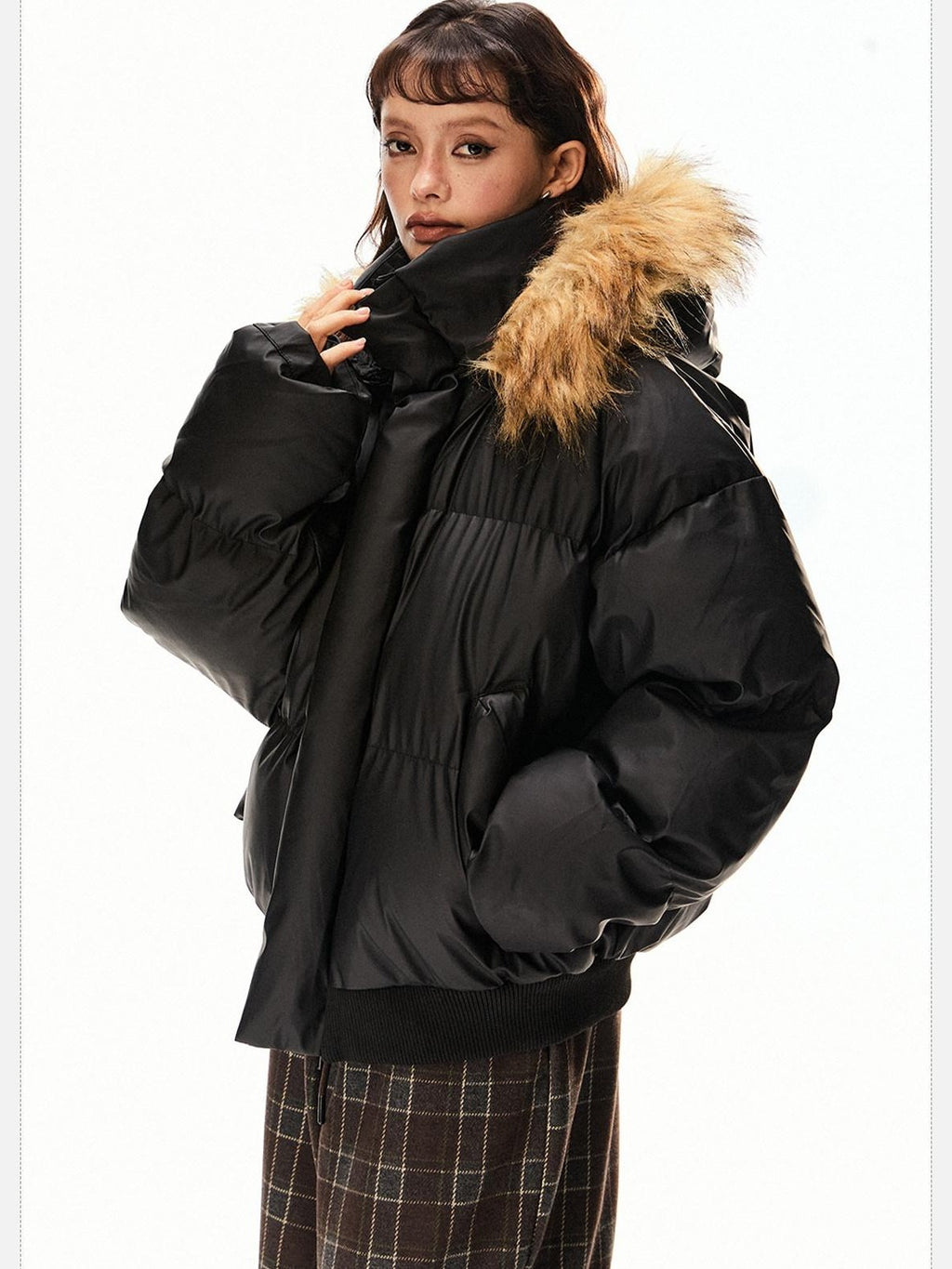 EZEK Vintage High Collar Fur Trim Hood Pockets Women's Polyester Puffer Jackets