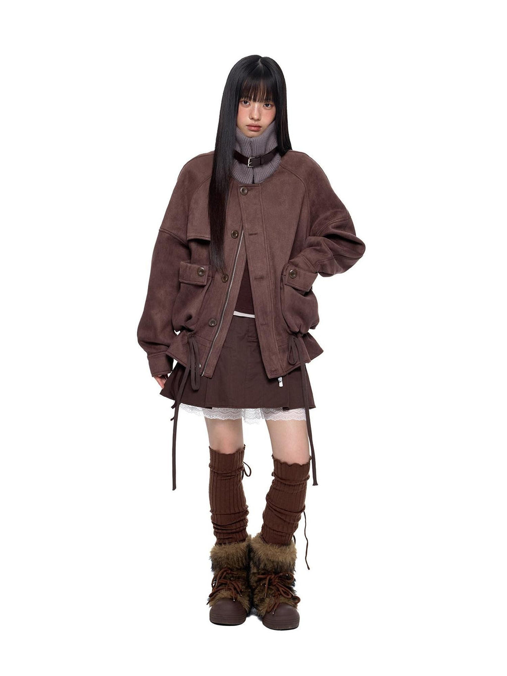 EZEK Vintage High Neck Knit Pocket Drawstring Women's Polyester Leather Jackets