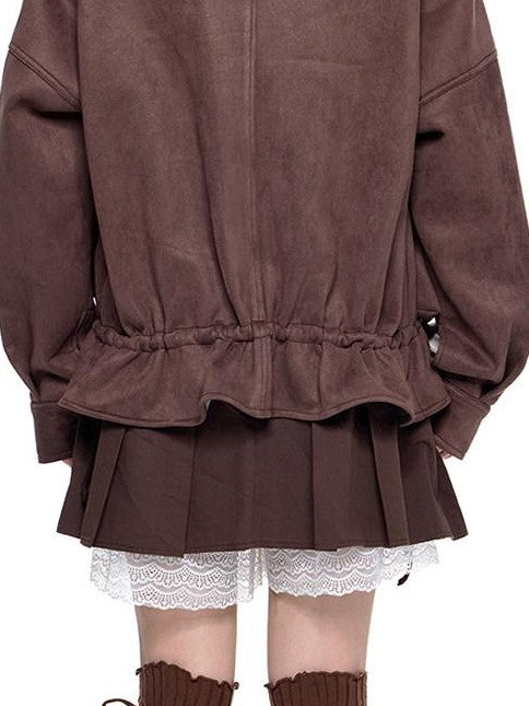 EZEK Vintage High Neck Knit Pocket Drawstring Women's Polyester Leather Jackets