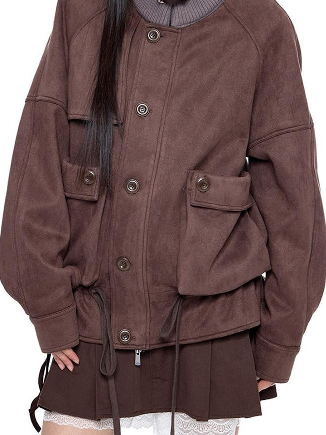 EZEK Vintage High Neck Knit Pocket Drawstring Women's Polyester Leather Jackets
