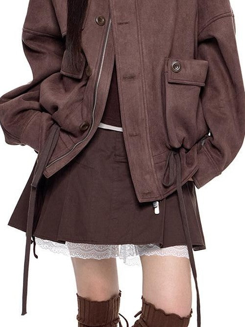 EZEK Vintage High Neck Knit Pocket Drawstring Women's Polyester Leather Jackets