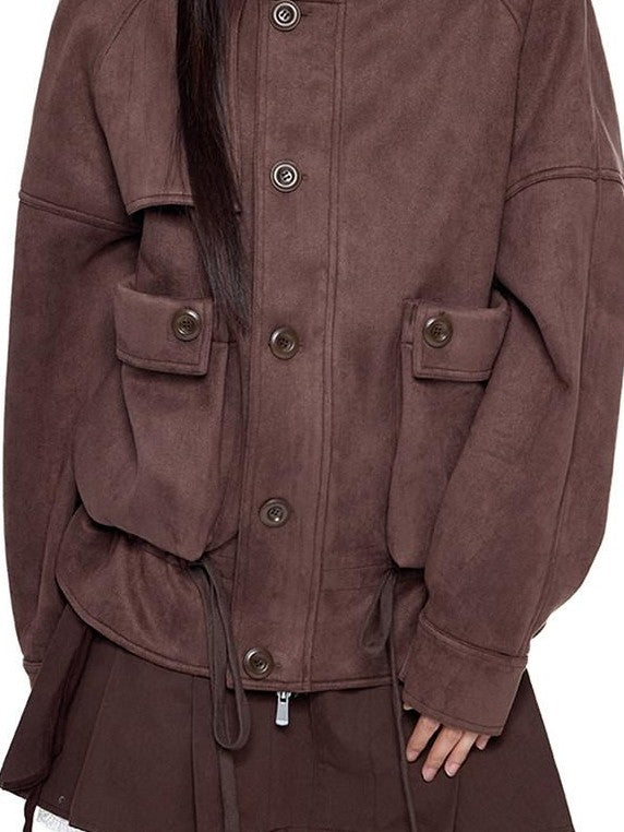 EZEK Vintage High Neck Knit Pocket Drawstring Women's Polyester Leather Jackets