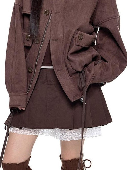 EZEK Vintage High Neck Knit Pocket Drawstring Women's Polyester Leather Jackets