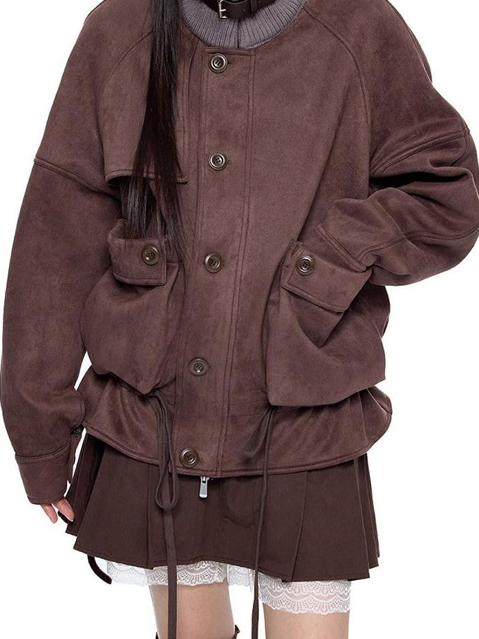 EZEK Vintage High Neck Knit Pocket Drawstring Women's Polyester Leather Jackets
