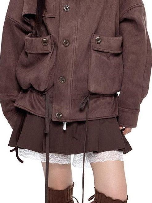 EZEK Vintage High Neck Knit Pocket Drawstring Women's Polyester Leather Jackets