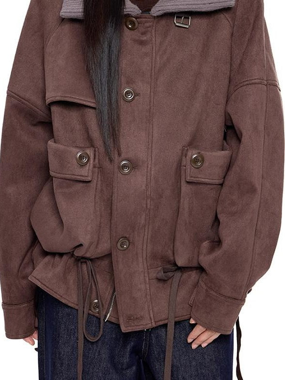 EZEK Vintage High Neck Knit Pocket Drawstring Women's Polyester Leather Jackets