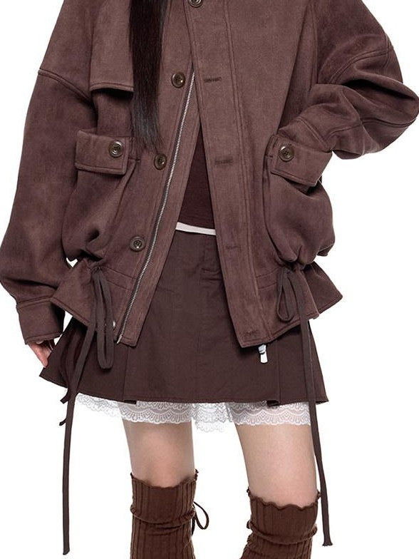 EZEK Vintage High Neck Knit Pocket Drawstring Women's Polyester Leather Jackets
