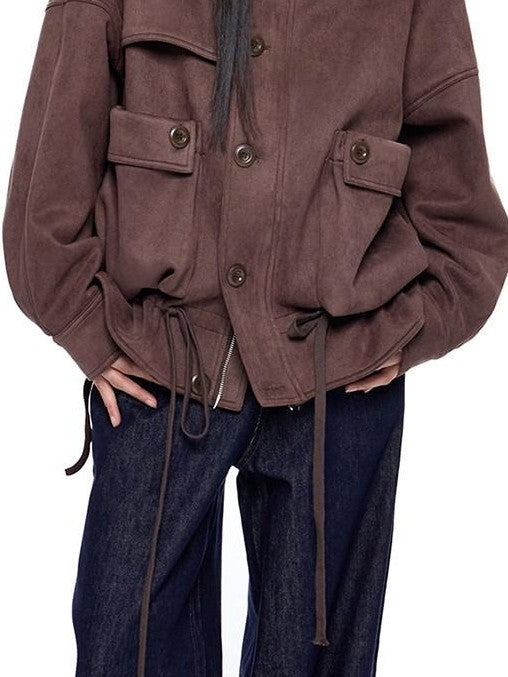 EZEK Vintage High Neck Knit Pocket Drawstring Women's Polyester Leather Jackets