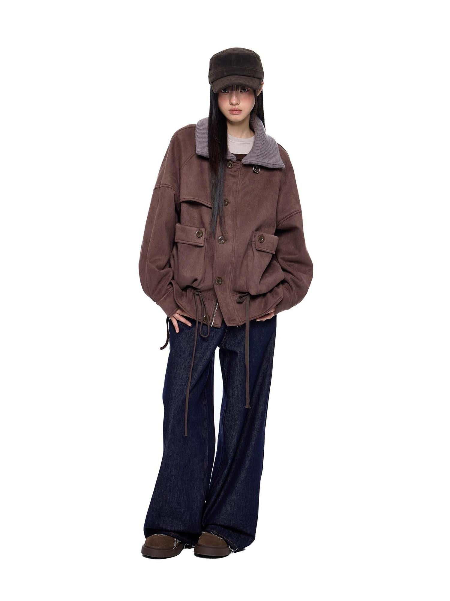 EZEK Vintage High Neck Knit Pocket Drawstring Women's Polyester Leather Jackets