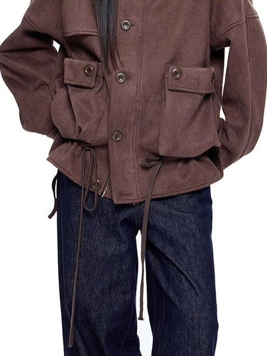 EZEK Vintage High Neck Knit Pocket Drawstring Women's Polyester Leather Jackets