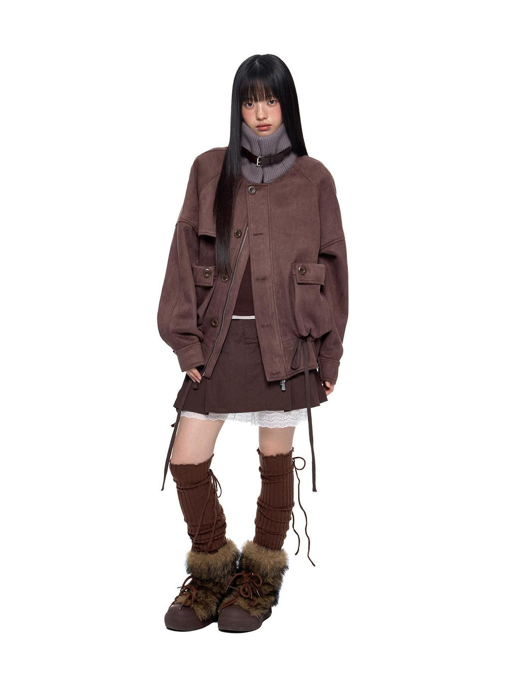 EZEK Vintage High Neck Knit Pocket Drawstring Women's Polyester Leather Jackets