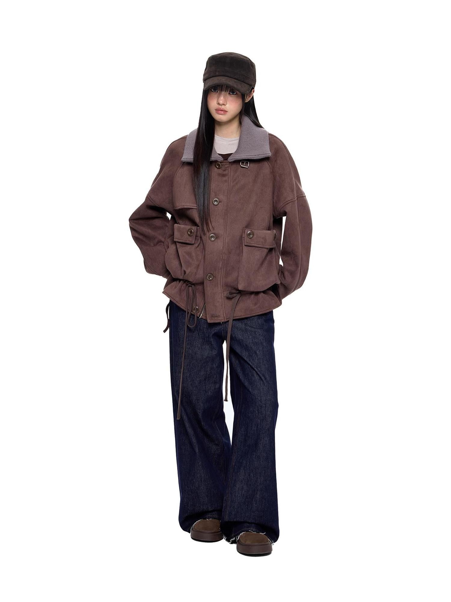 EZEK Vintage High Neck Knit Pocket Drawstring Women's Polyester Leather Jackets