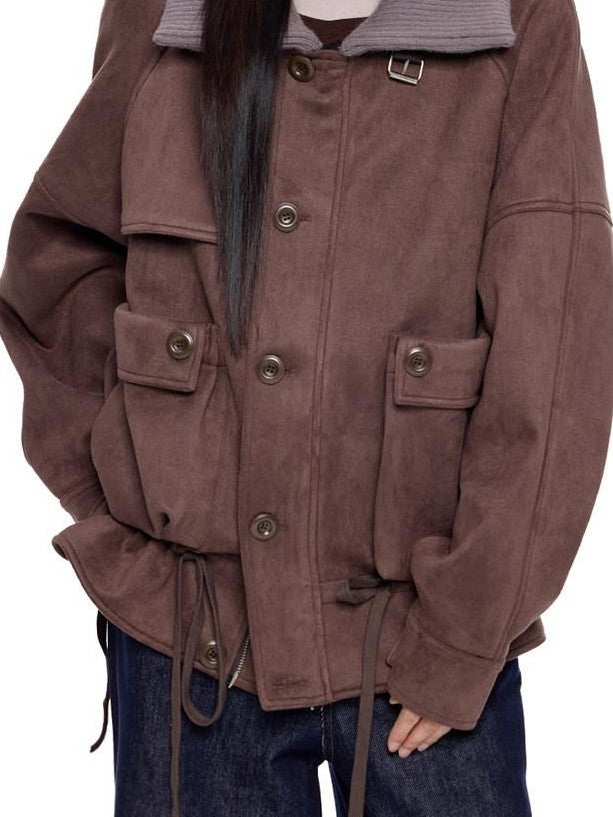 EZEK Vintage High Neck Knit Pocket Drawstring Women's Polyester Leather Jackets