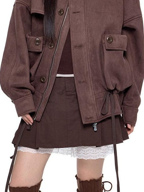 EZEK Vintage High Neck Knit Pocket Drawstring Women's Polyester Leather Jackets