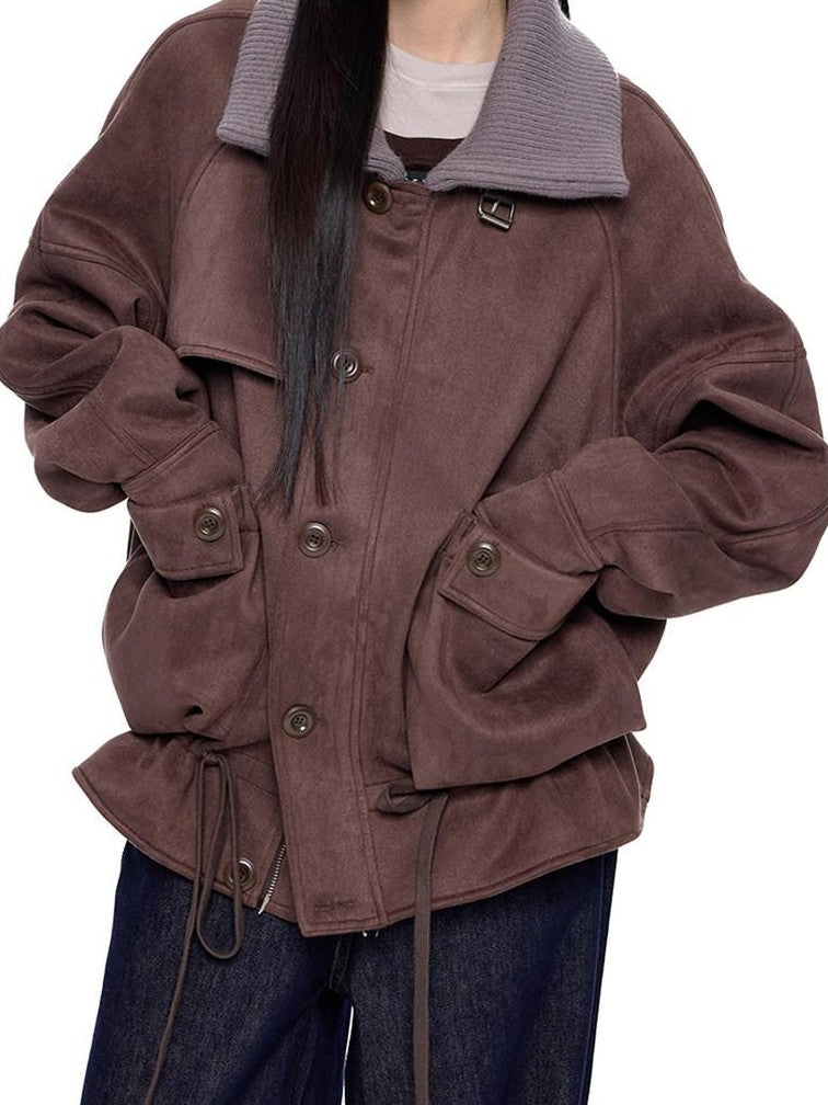 EZEK Vintage High Neck Knit Pocket Drawstring Women's Polyester Leather Jackets