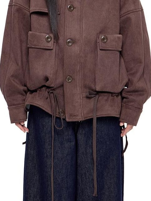 EZEK Vintage High Neck Knit Pocket Drawstring Women's Polyester Leather Jackets