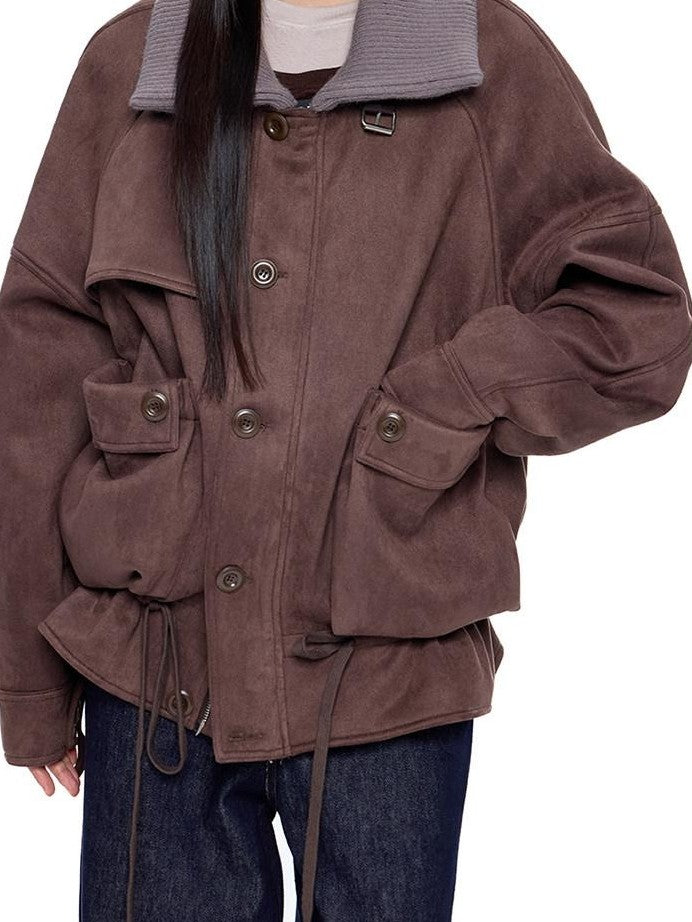 EZEK Vintage High Neck Knit Pocket Drawstring Women's Polyester Leather Jackets