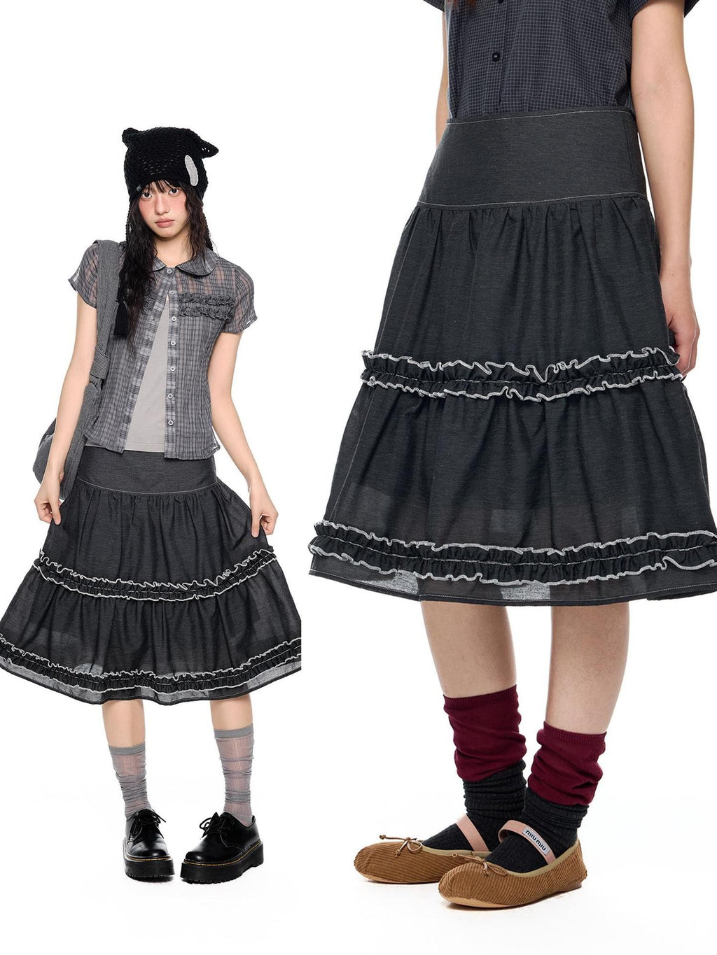 EZEK Vintage Lace Trim Ruched Loose Fit Women's A-line Skirts