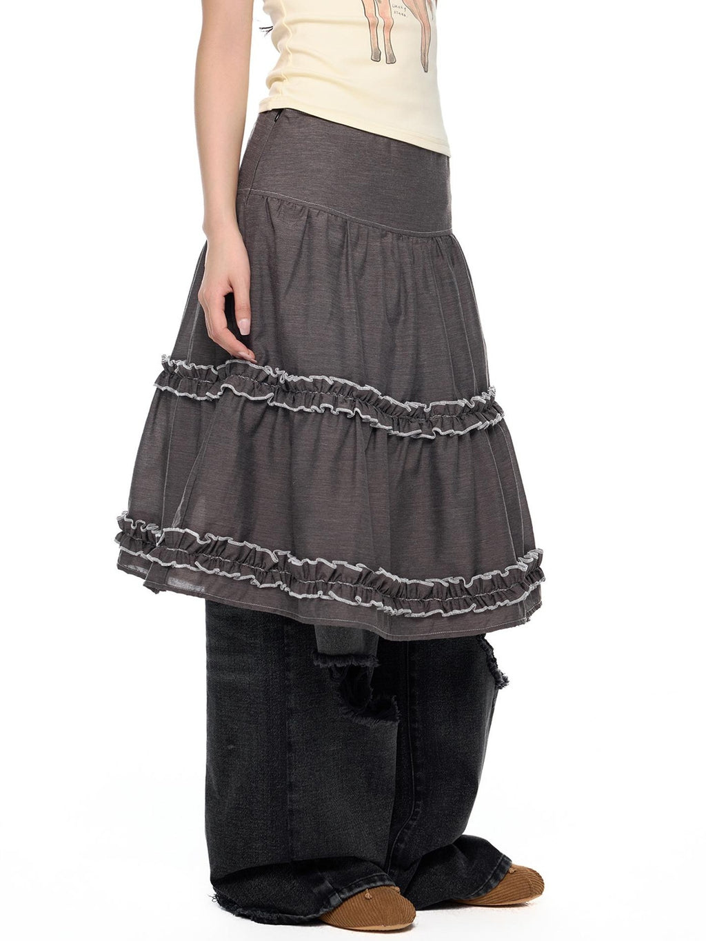 EZEK Vintage Lace Trim Ruched Loose Fit Women's A-line Skirts