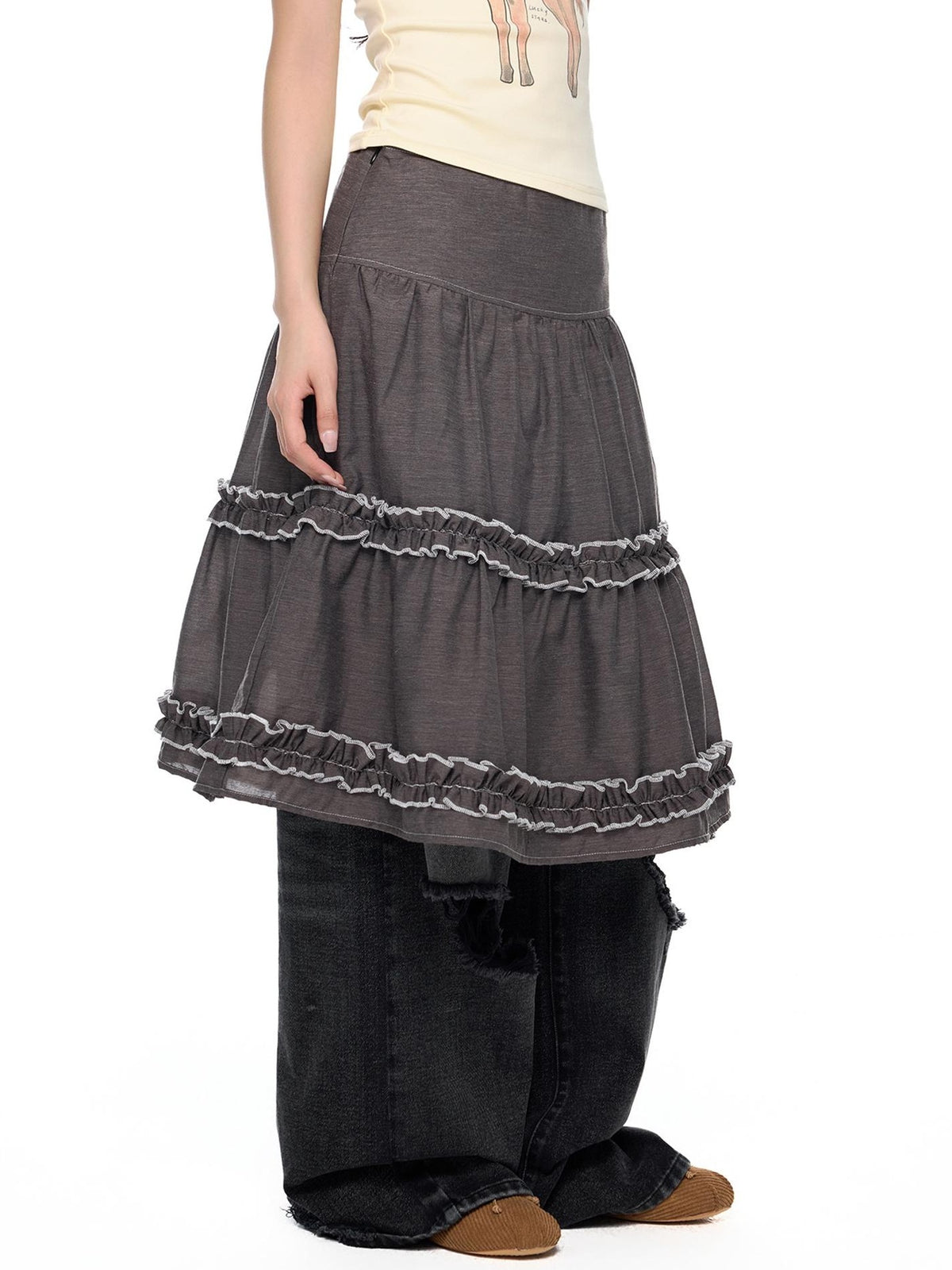 EZEK Vintage Lace Trim Ruched Loose Fit Women's A-line Skirts