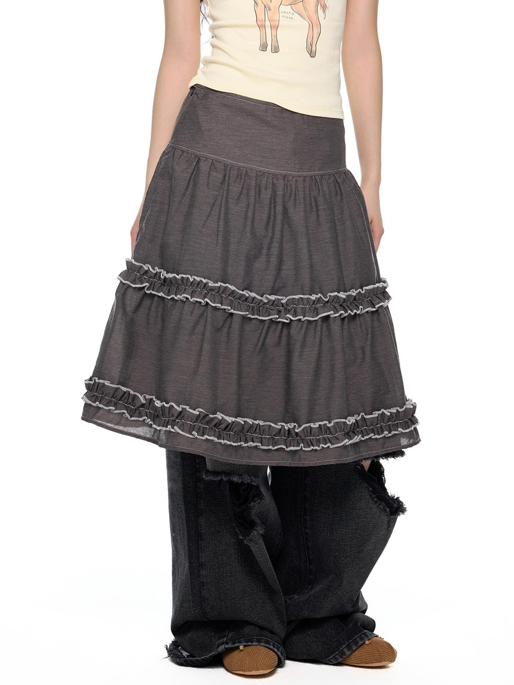 EZEK Vintage Lace Trim Ruched Loose Fit Women's A-line Skirts